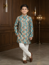 Boys' Teal & Orange Printed Kurta with Cream Pyjama Set.