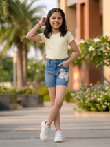 Girls' Blue Butterfly Embroidered Denim Shorts