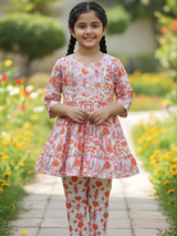 Girls' Peach Floral Printed Peplum Kurti Set