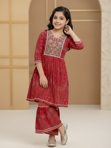 Girls' Festive Red Embroidered Kurti and Tiered Sharara Set