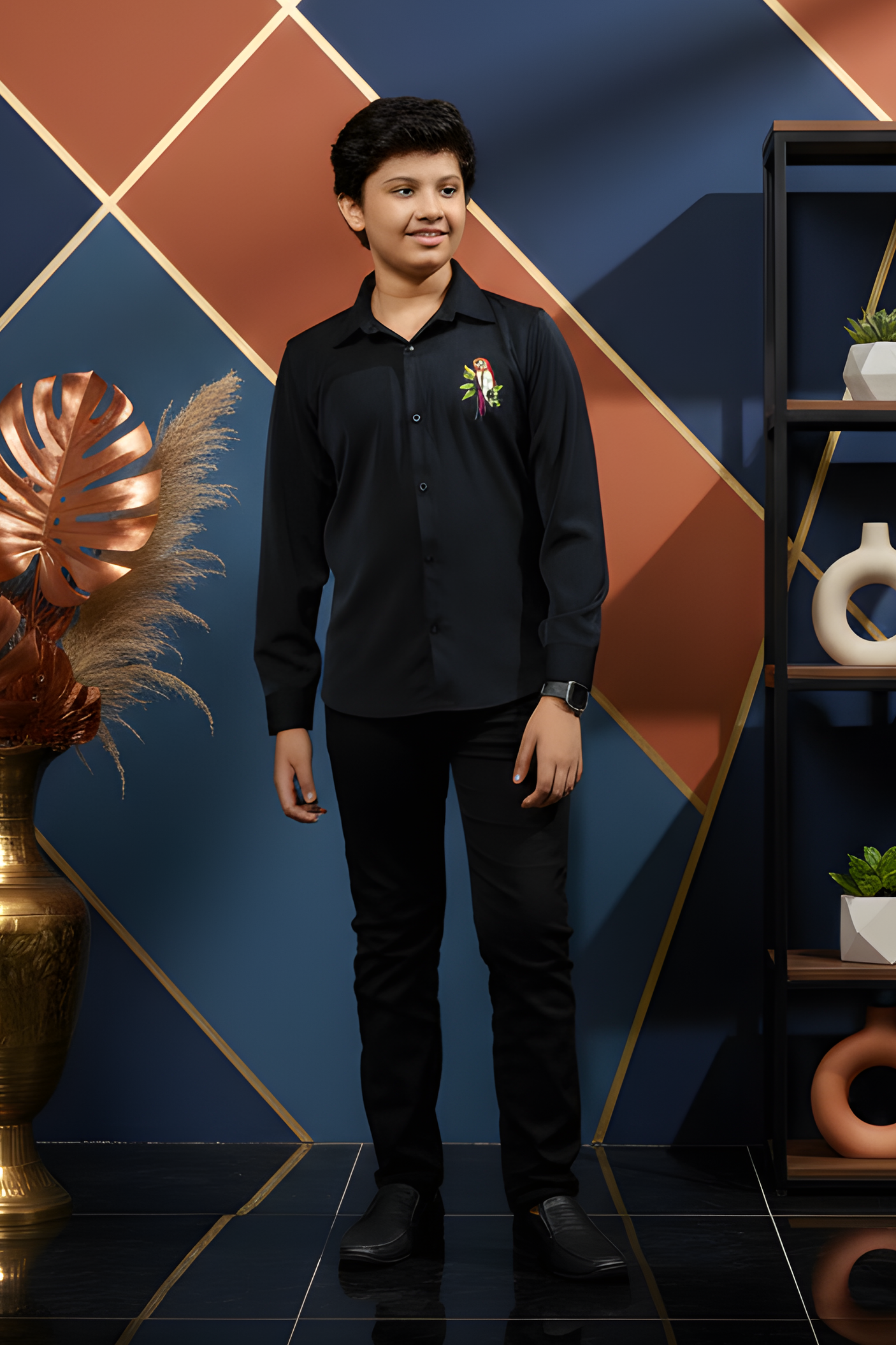 Boy's Stylish Navy Blue Shirt with Vibrant Parrot Embroidery