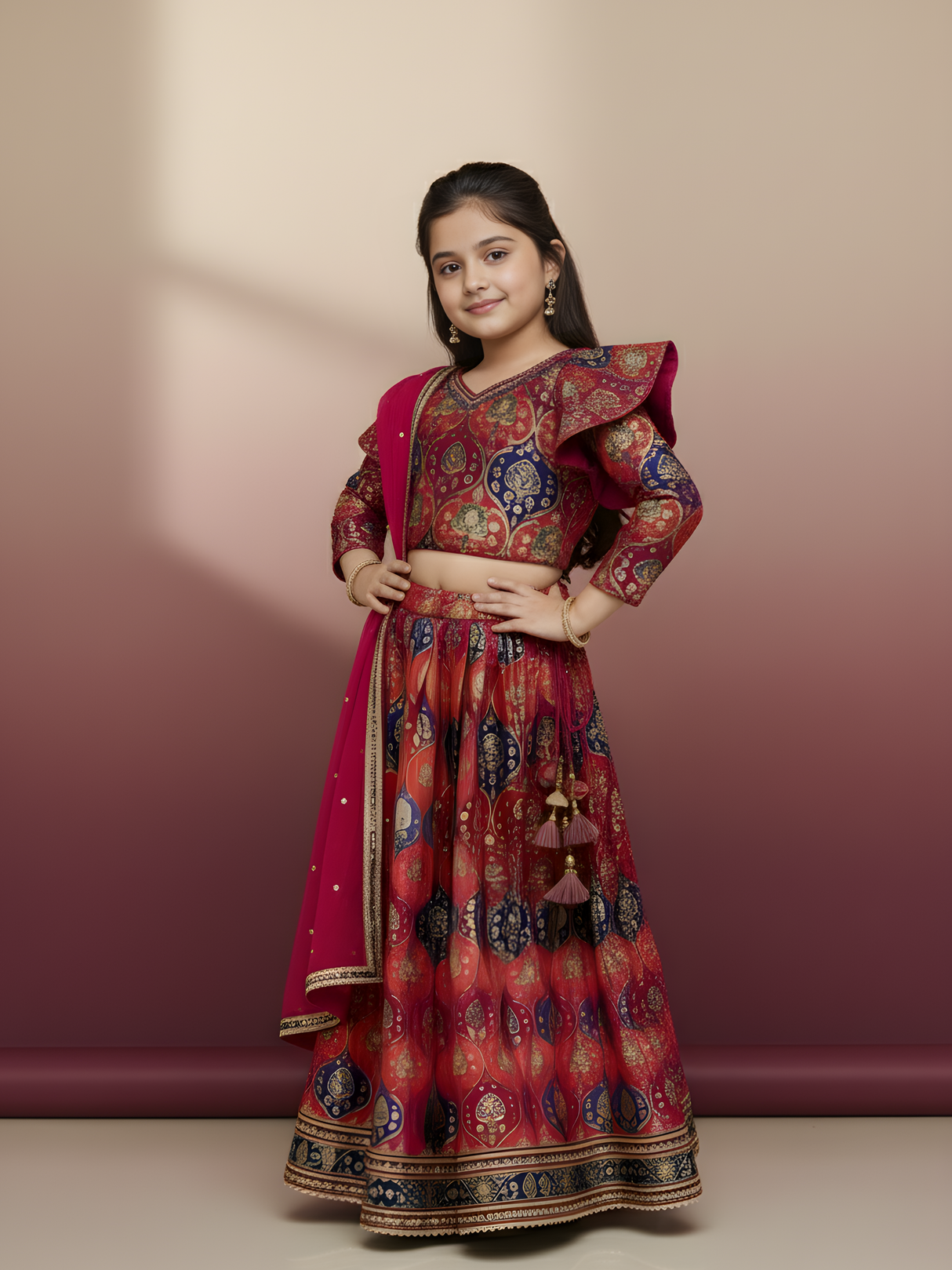 Girls' Red Brocade Embroidered Crop Top (Choli) and Lehenga Set with Dupatta