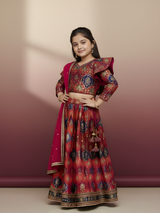 Girls' Red Brocade Embroidered Crop Top (Choli) and Lehenga Set with Dupatta