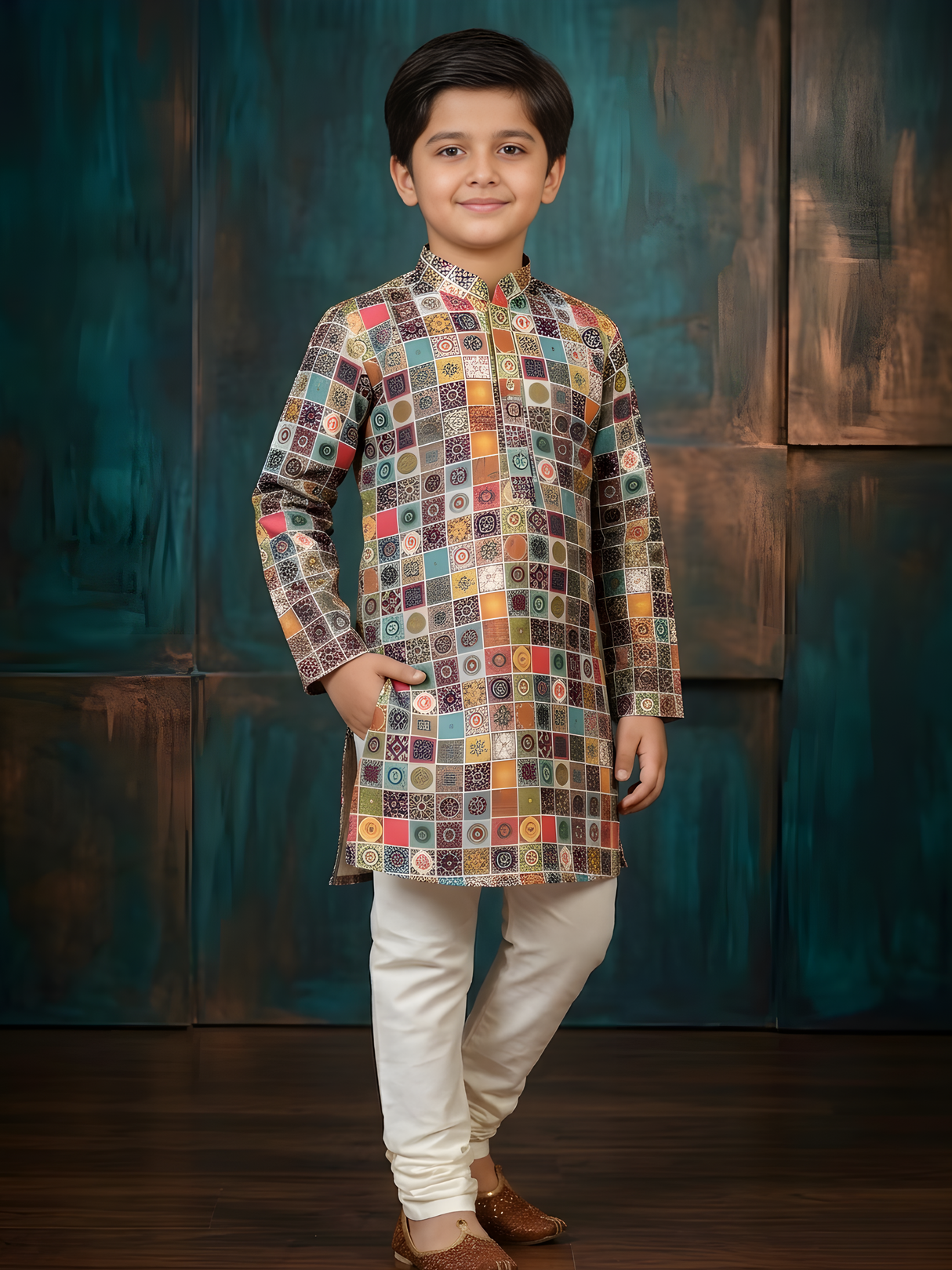 Boys' Multi-Color Mosaic Tile Print Kurta with Cream Pyjama Set.