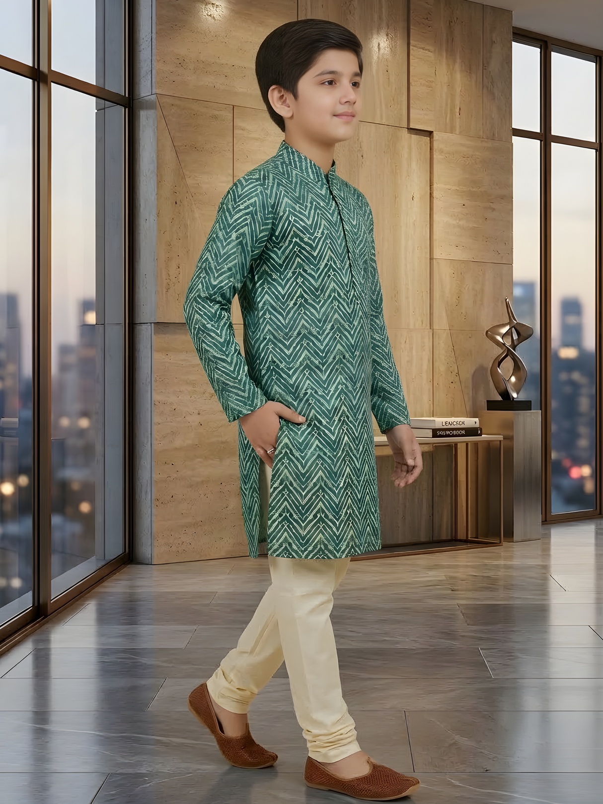 Boys' Dark Green and Beige Chevron Print Kurta Set