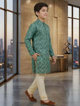 Boys' Dark Green and Beige Chevron Print Kurta Set