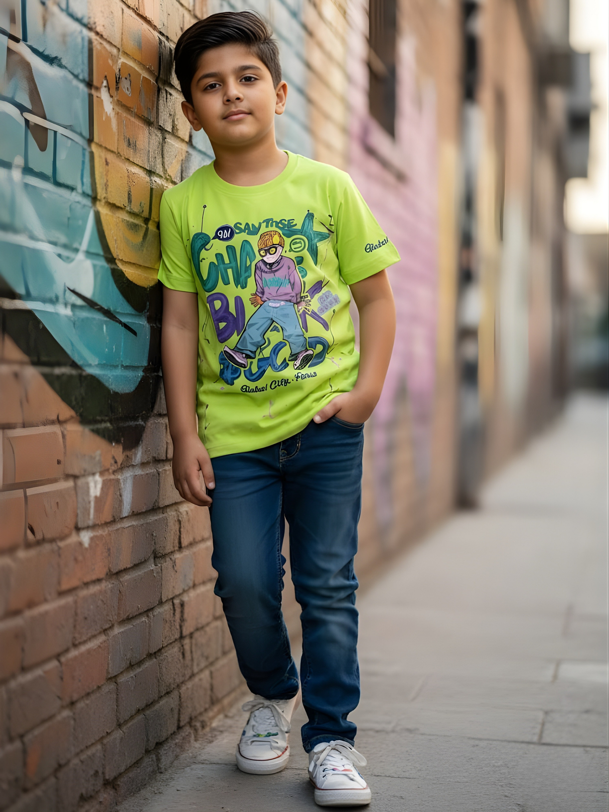 Boys' Neon Green Street Art Graphic Tee with Skater Print