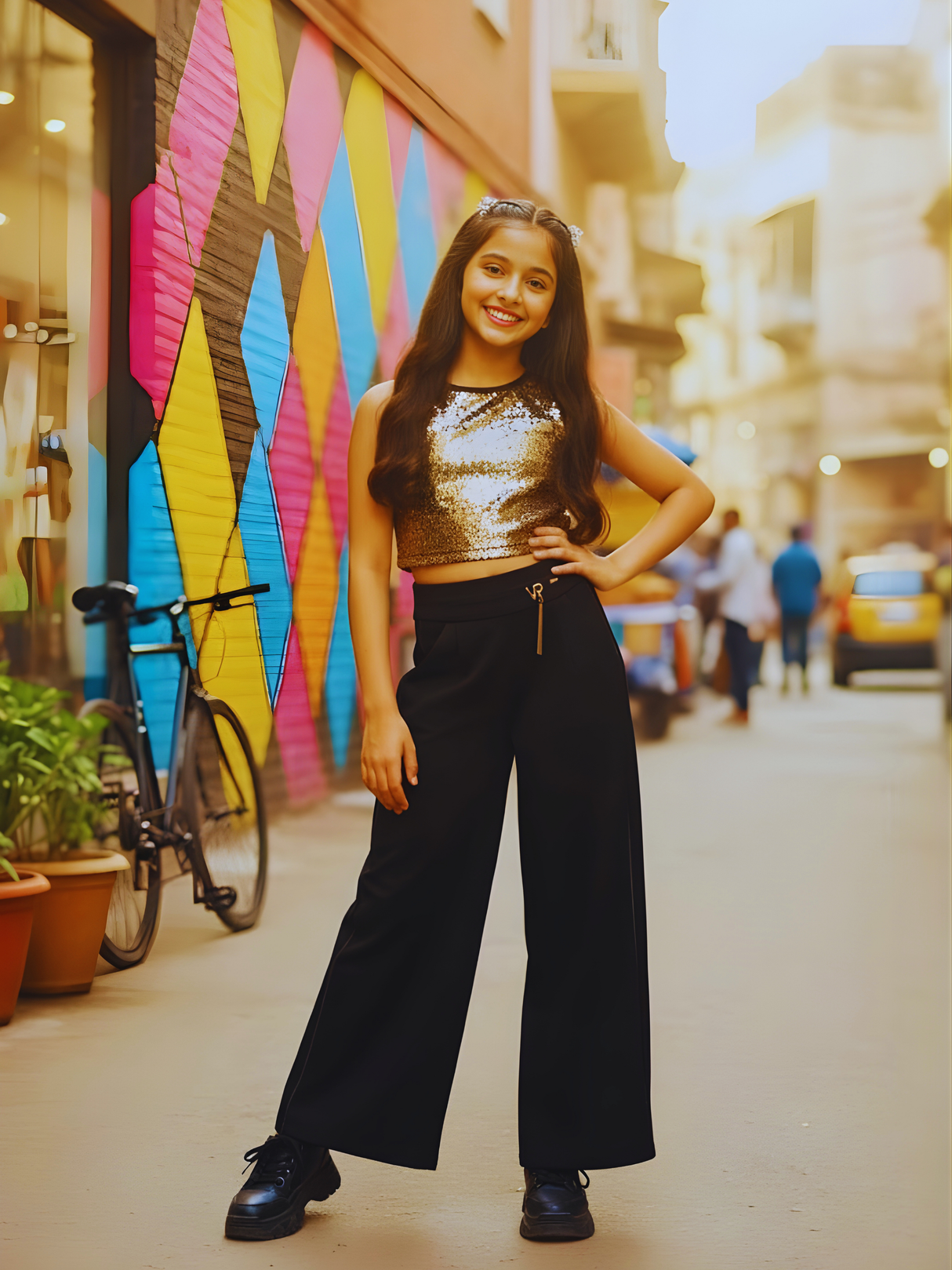Girls' Trendy Black Wide-Leg Comfort Track Pants