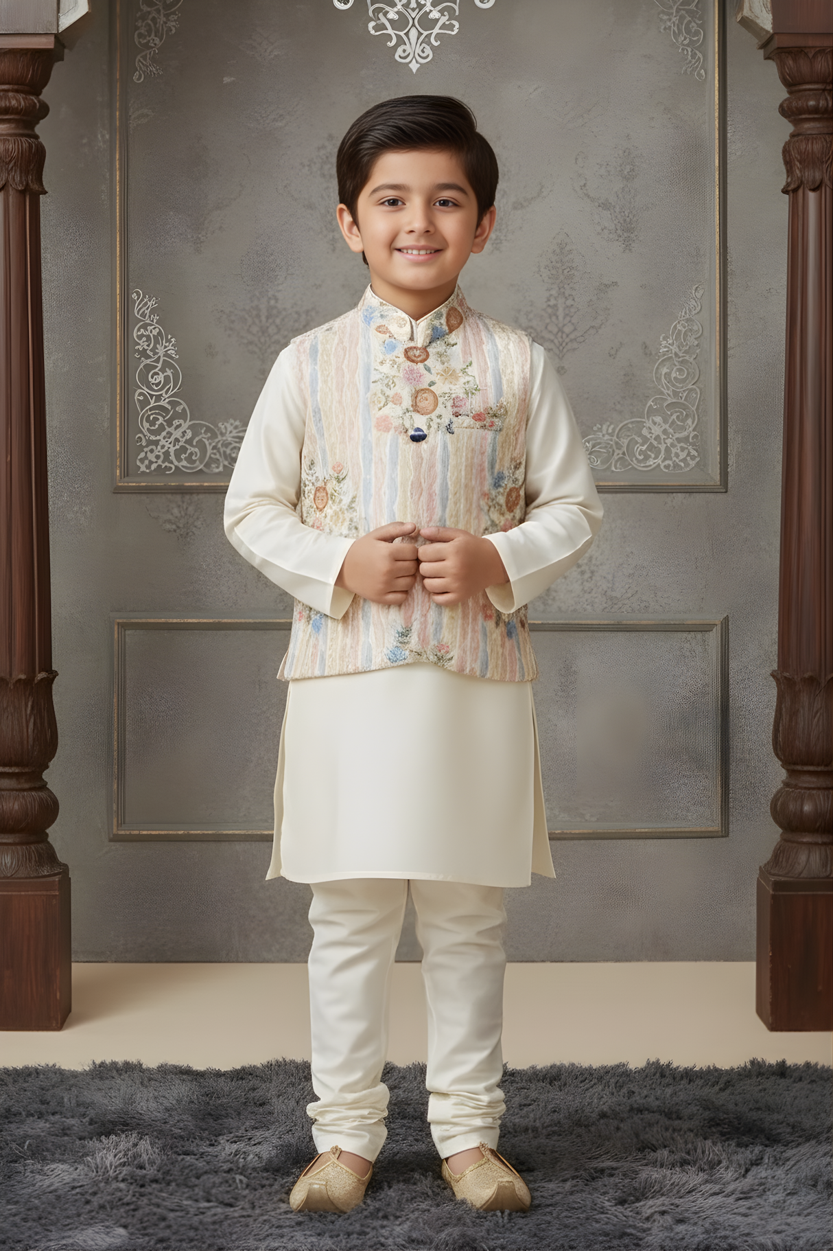Boys' Cream Silk-Blend Kurta Set with Floral Embroidered Nehru Jacket