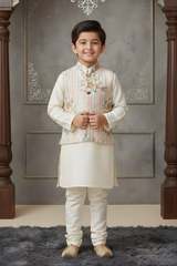 Boys' Cream Silk-Blend Kurta Set with Floral Embroidered Nehru Jacket