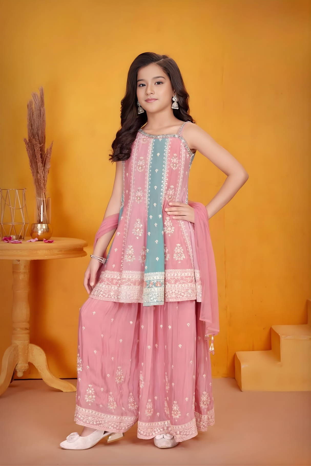 Rosewater Pink & Aqua Embroidered Sharara Set for Girls