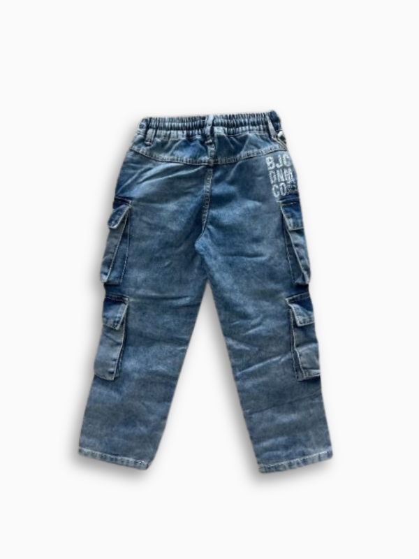 Boys' Light Blue Denim Cargo Pants with Drawstring Waist.