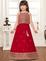 Girls' Bright Maroon Bandhani Print Lehenga Choli Set