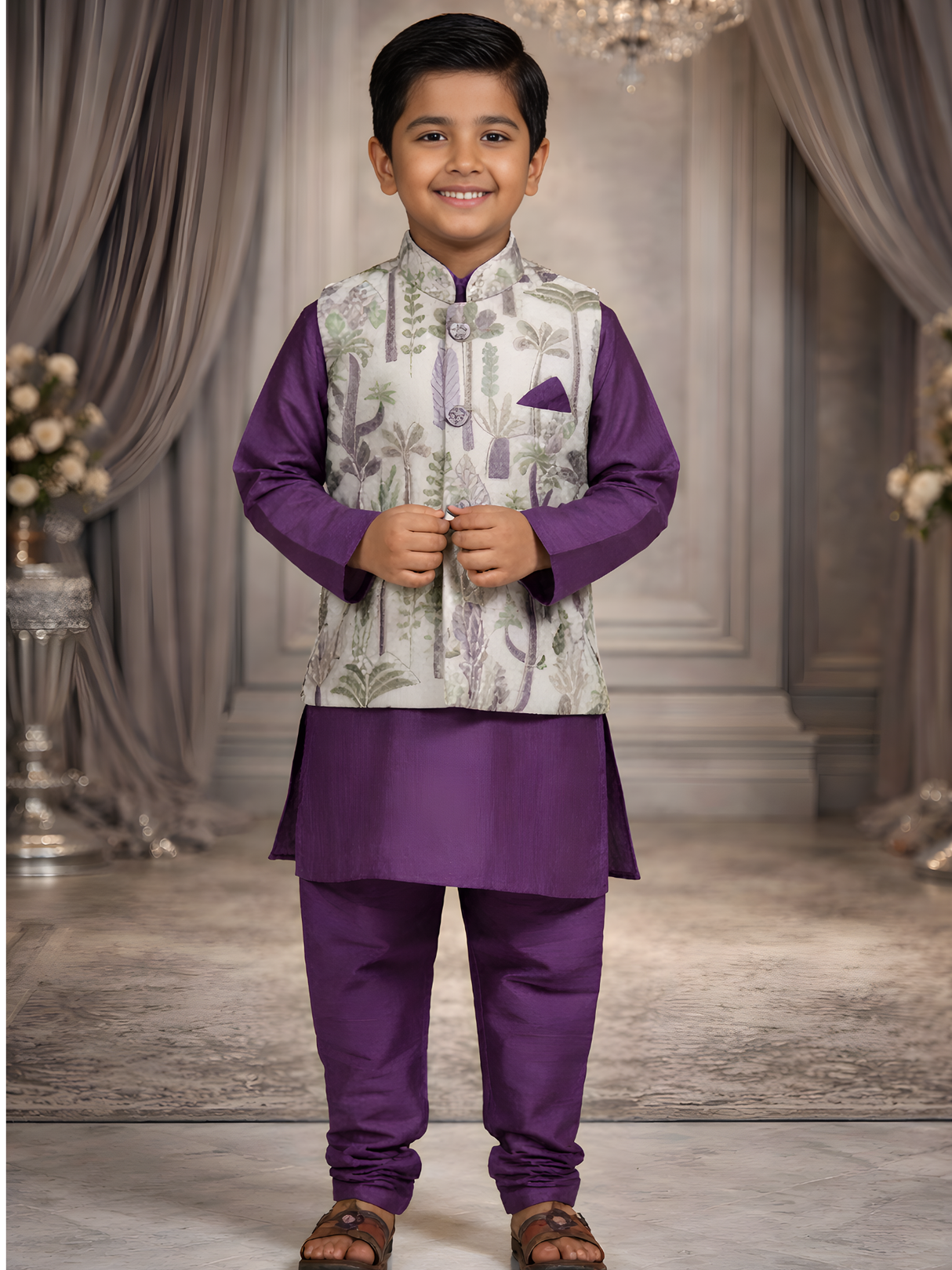 Boys' Deep Purple Kurta Set with Tropical Print Nehru Jacket