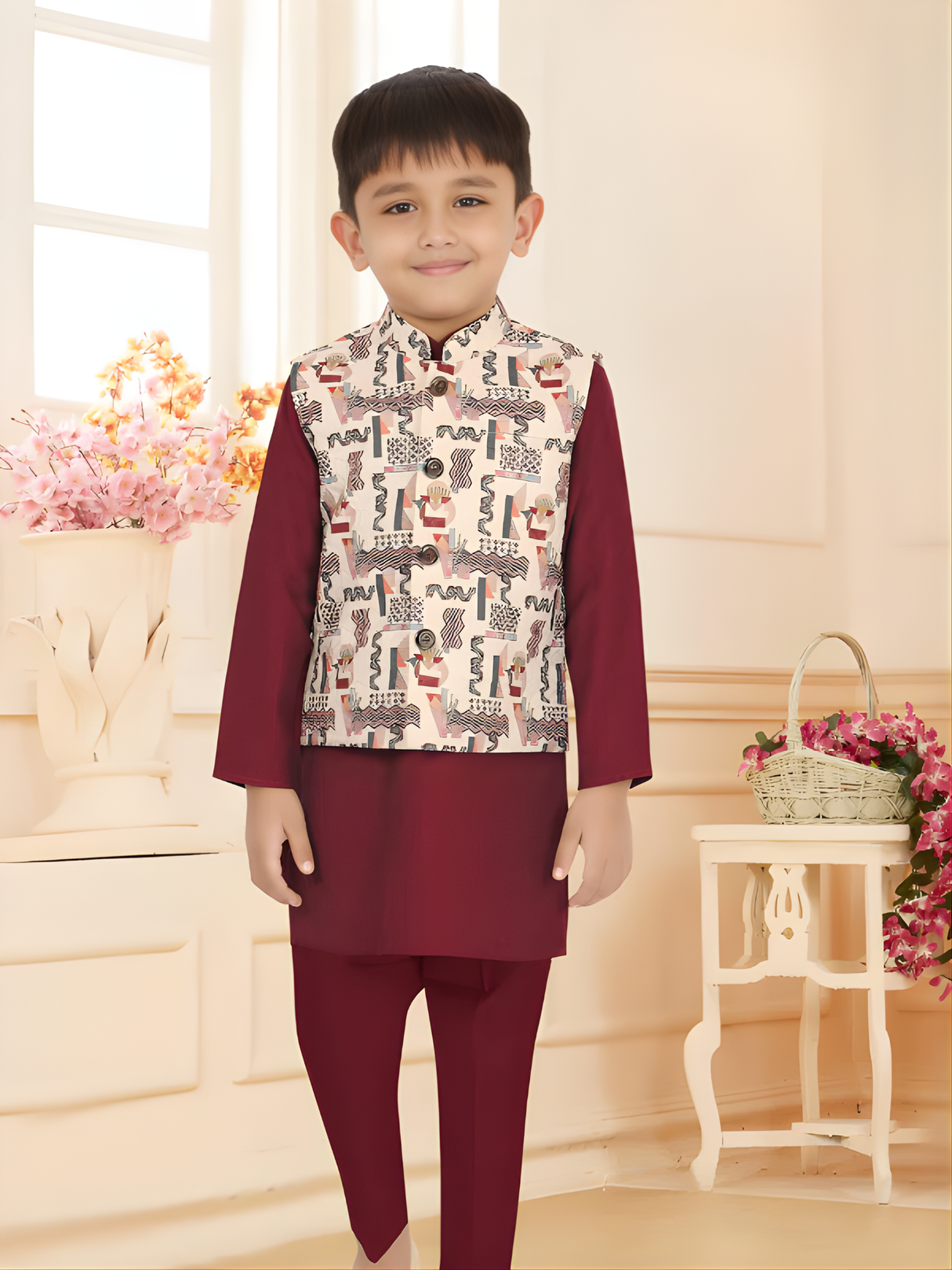 Boys' Festive Maroon Kurta Set with Abstract Printed Waistcoat
