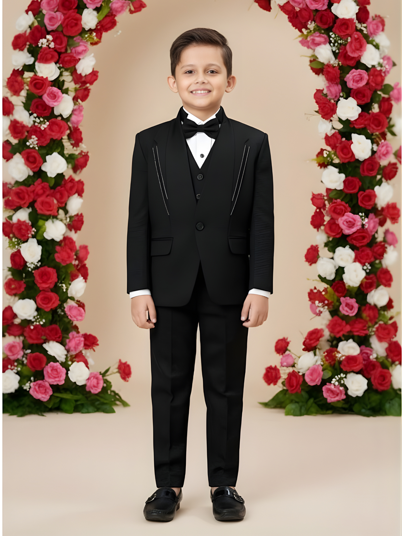 Boys' Black Textured 3-Piece Tuxedo Suit Set with Bow Tie