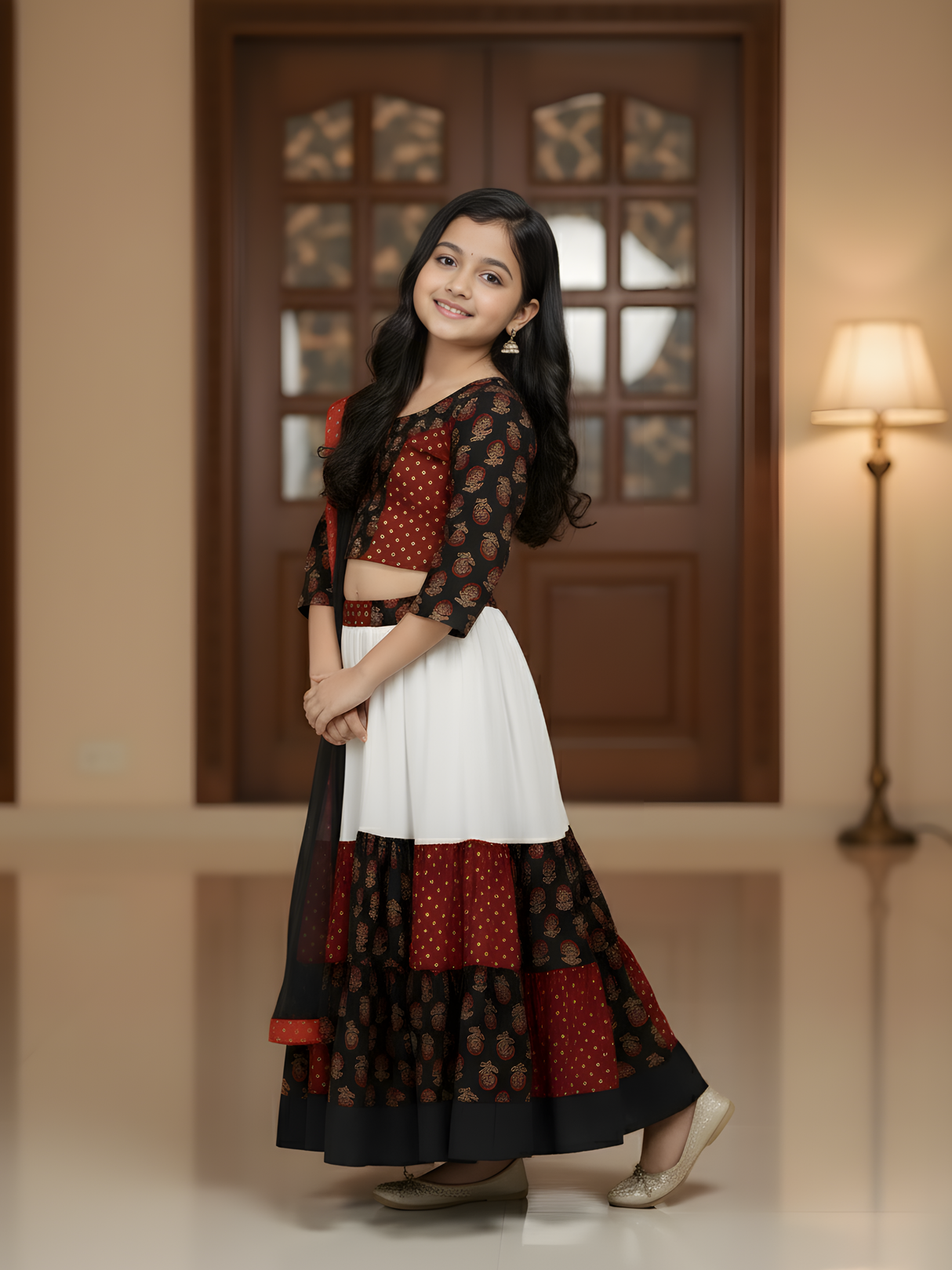 Girls' Black, Red, and White Tiered Block Print Lehenga Choli Set with Dupatta