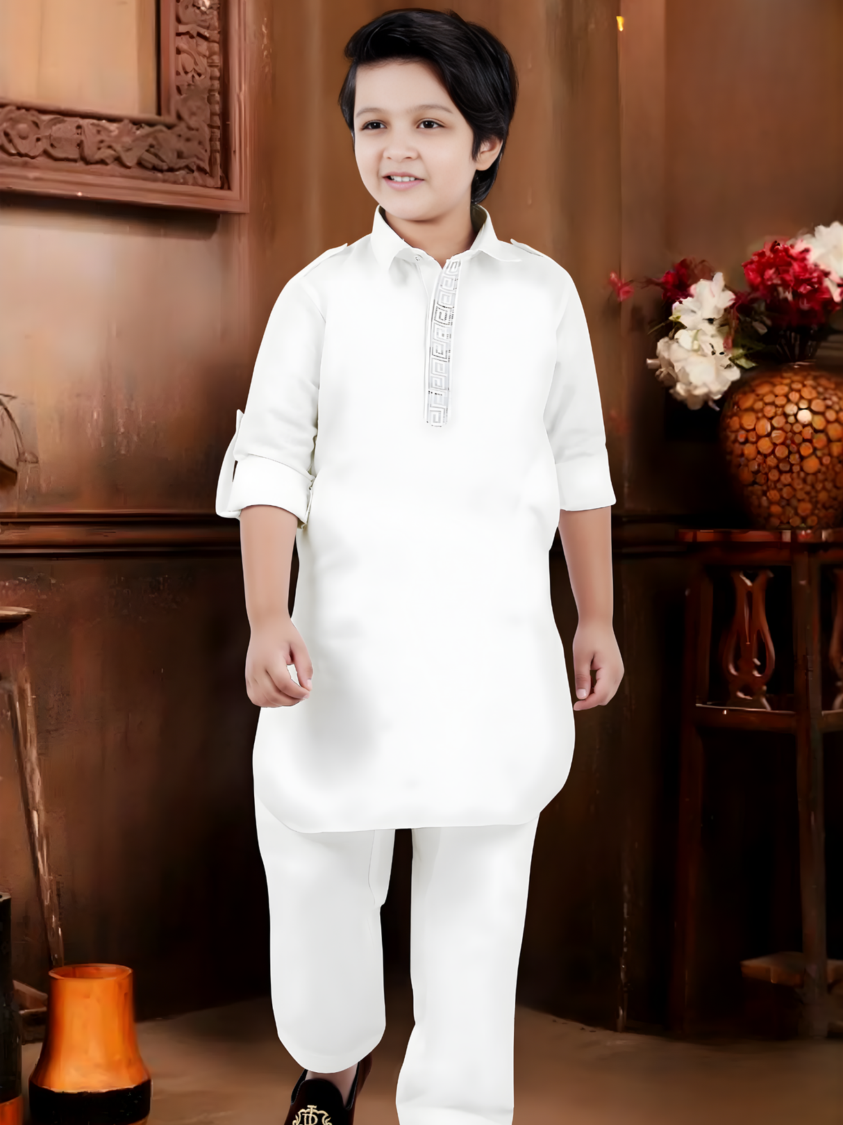 Boys' Elegant White Kurta Pyjama Set with Embroidered Placket