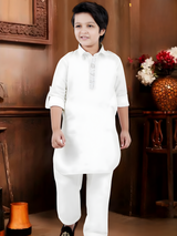 Boys' Elegant White Kurta Pyjama Set with Embroidered Placket