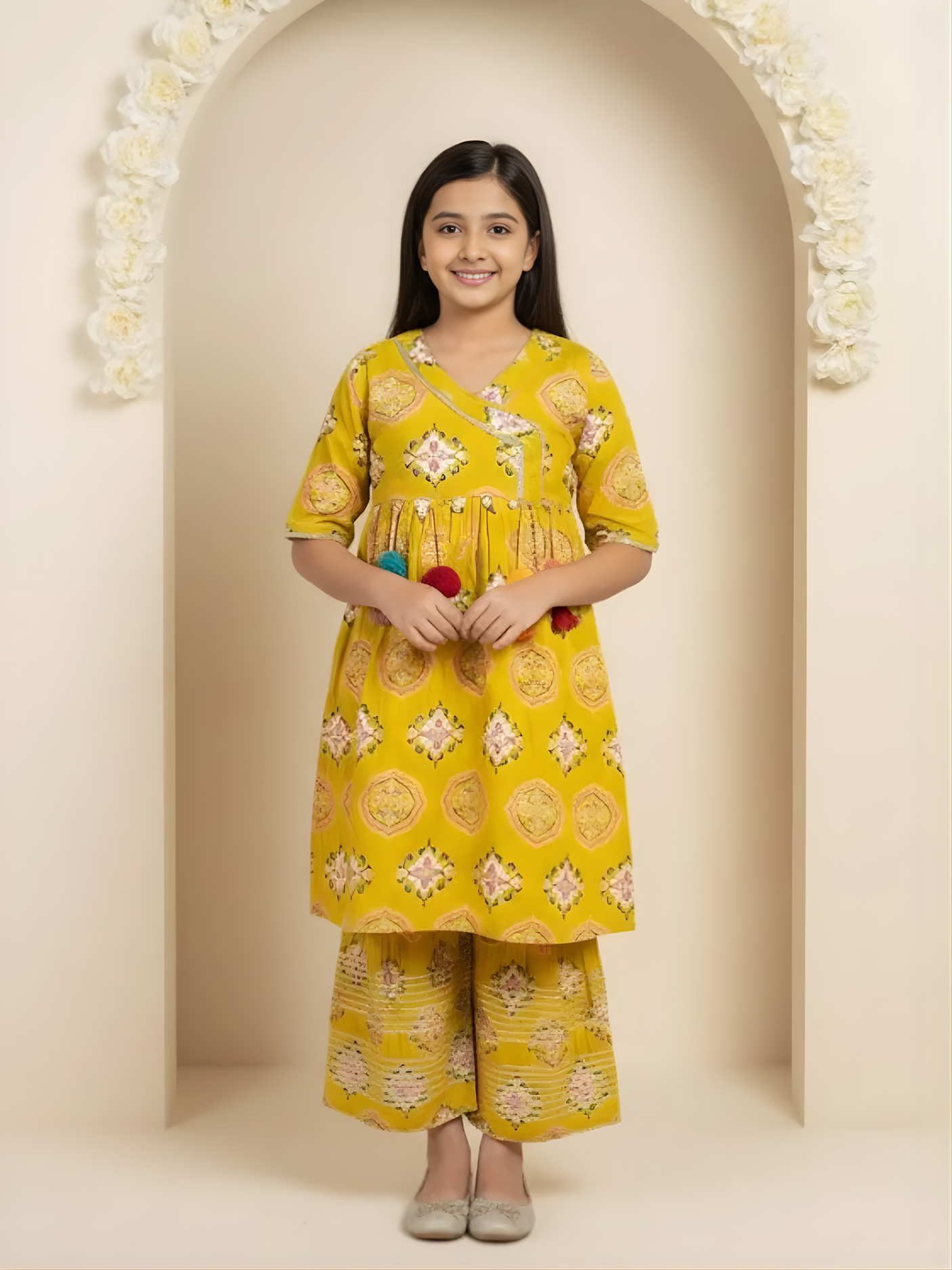 Girls Yellow Angrakha Kurta with Palazzo Set