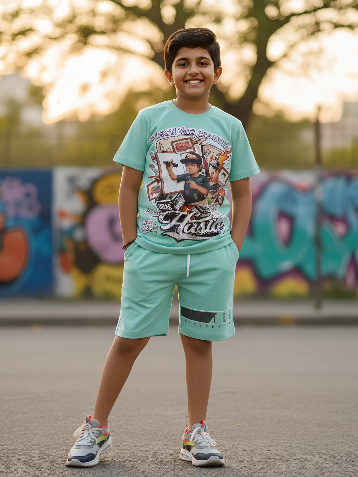 Boys' Mint Green "Hustle" Graphic Streetwear Co-ord Set