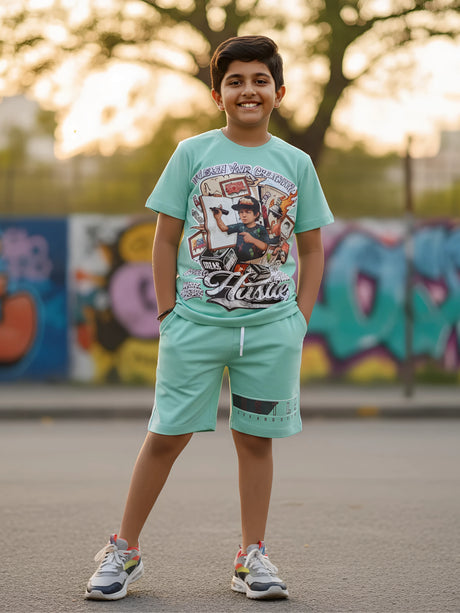 Boys' Mint Green "Hustle" Graphic Streetwear Co-ord Set