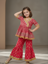 Girls' Festive Fuchsia Pink Print Angrakha Kurti and Tiered Sharara Set