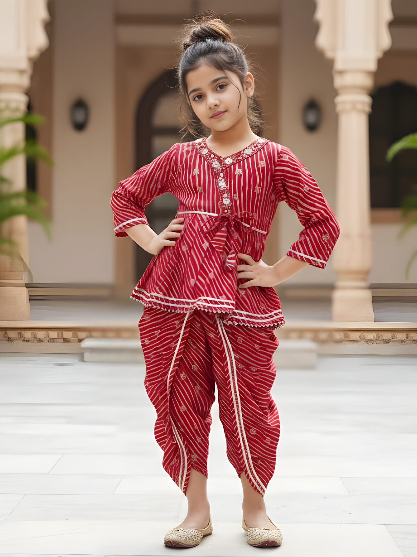 Girls Red Leheriya Angrakha Peplum & Dhoti Pant Set