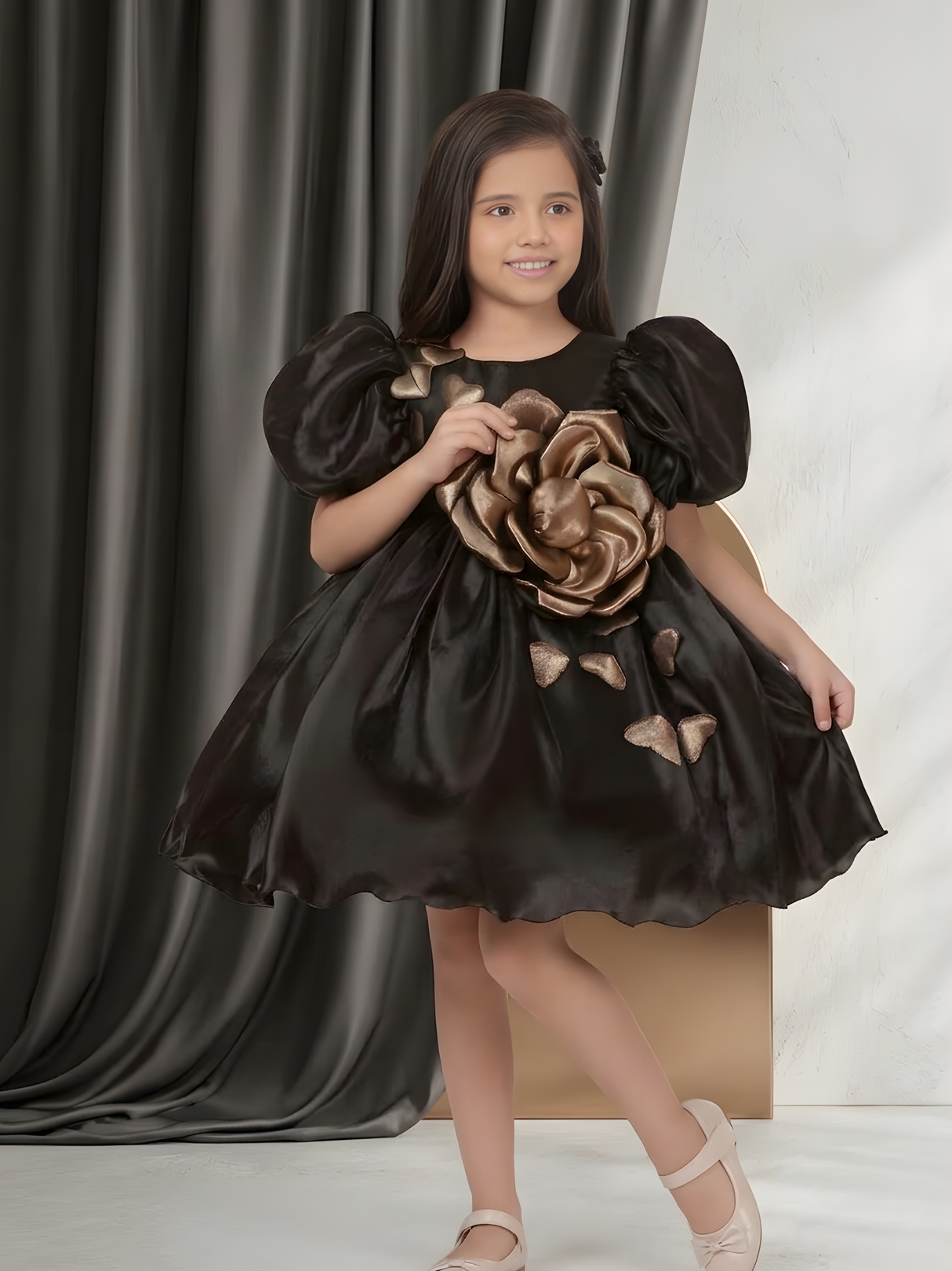 Girls' Black Satin Party Frock with Metallic Gold 3D Rose and Puffy Sleeves