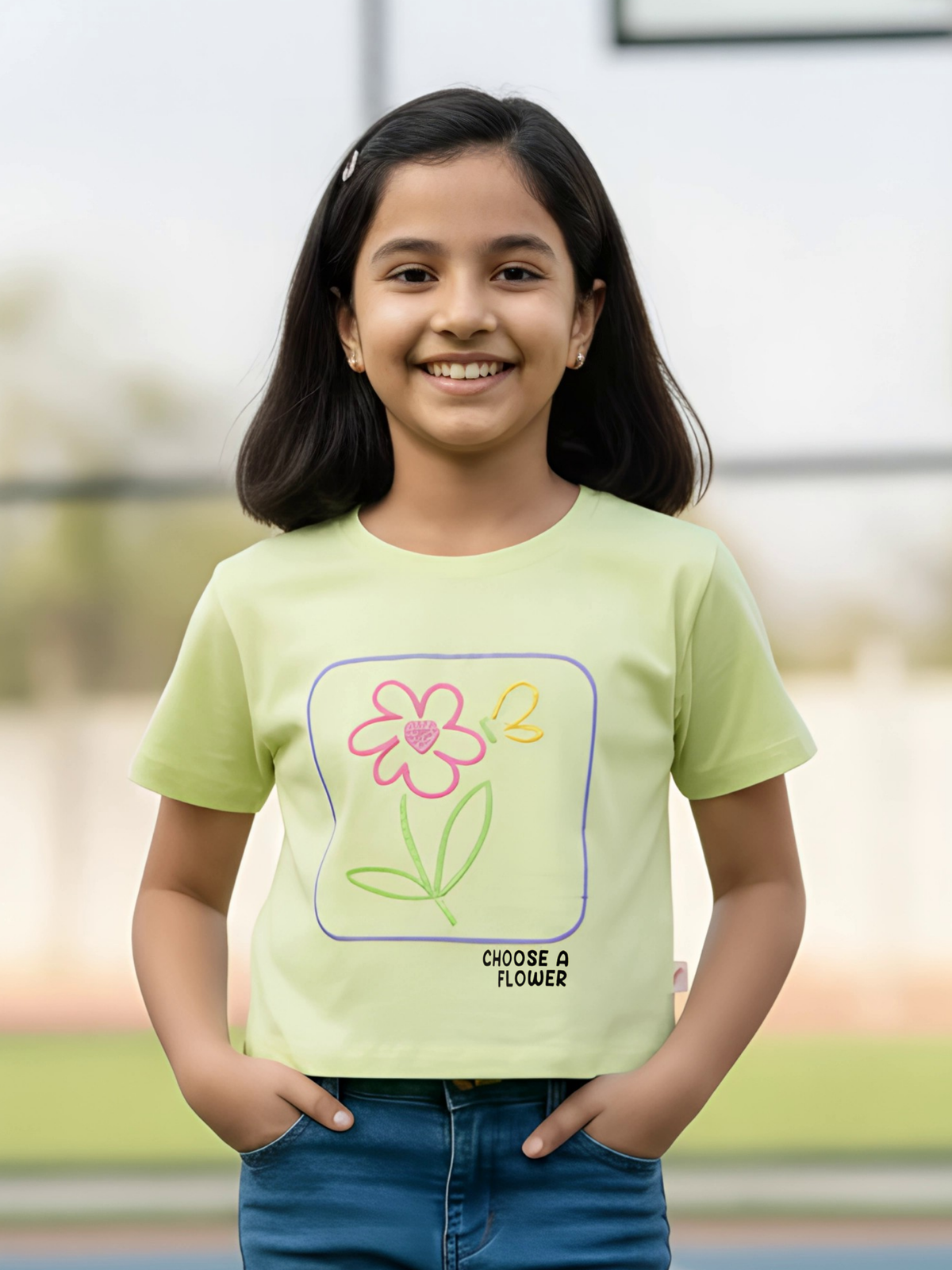 Girls' Casual Light Green Floral Graphic Crop Top