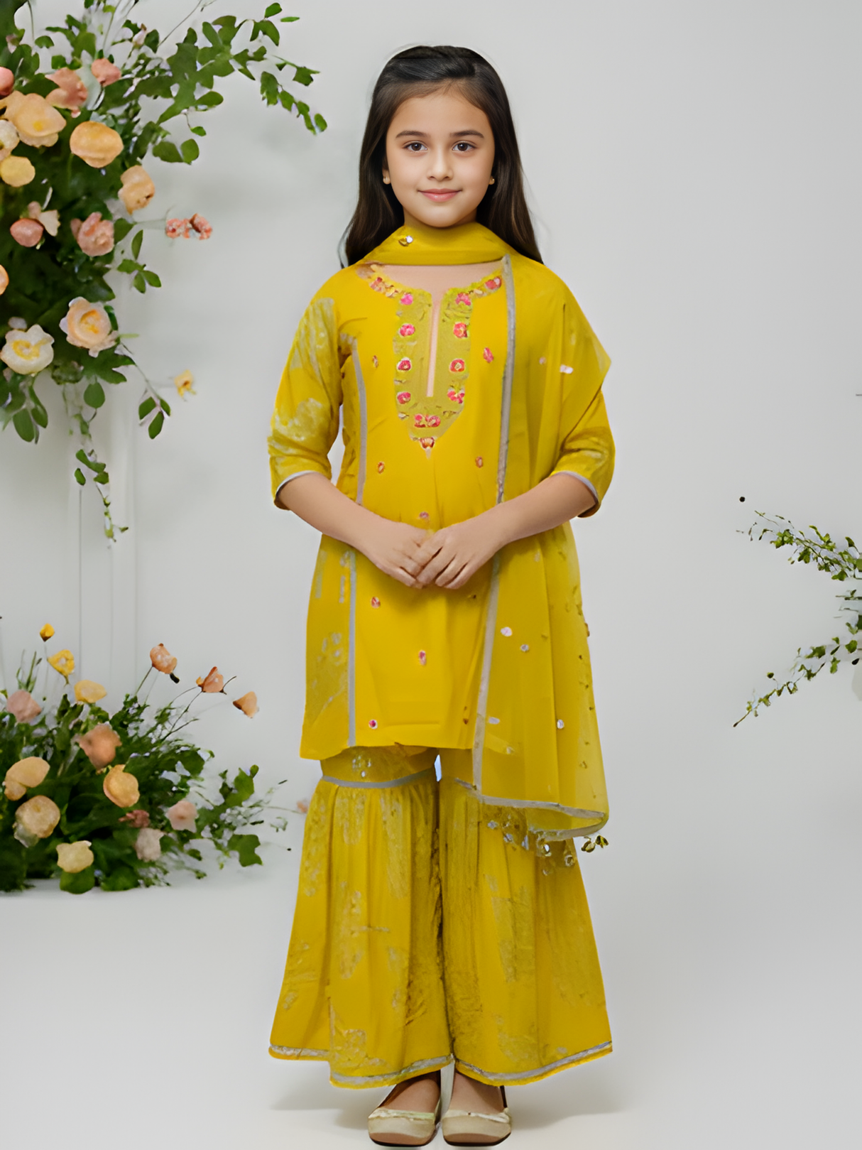 Girls' Festive Yellow Printed Kurta, Sharara and Dupatta Set