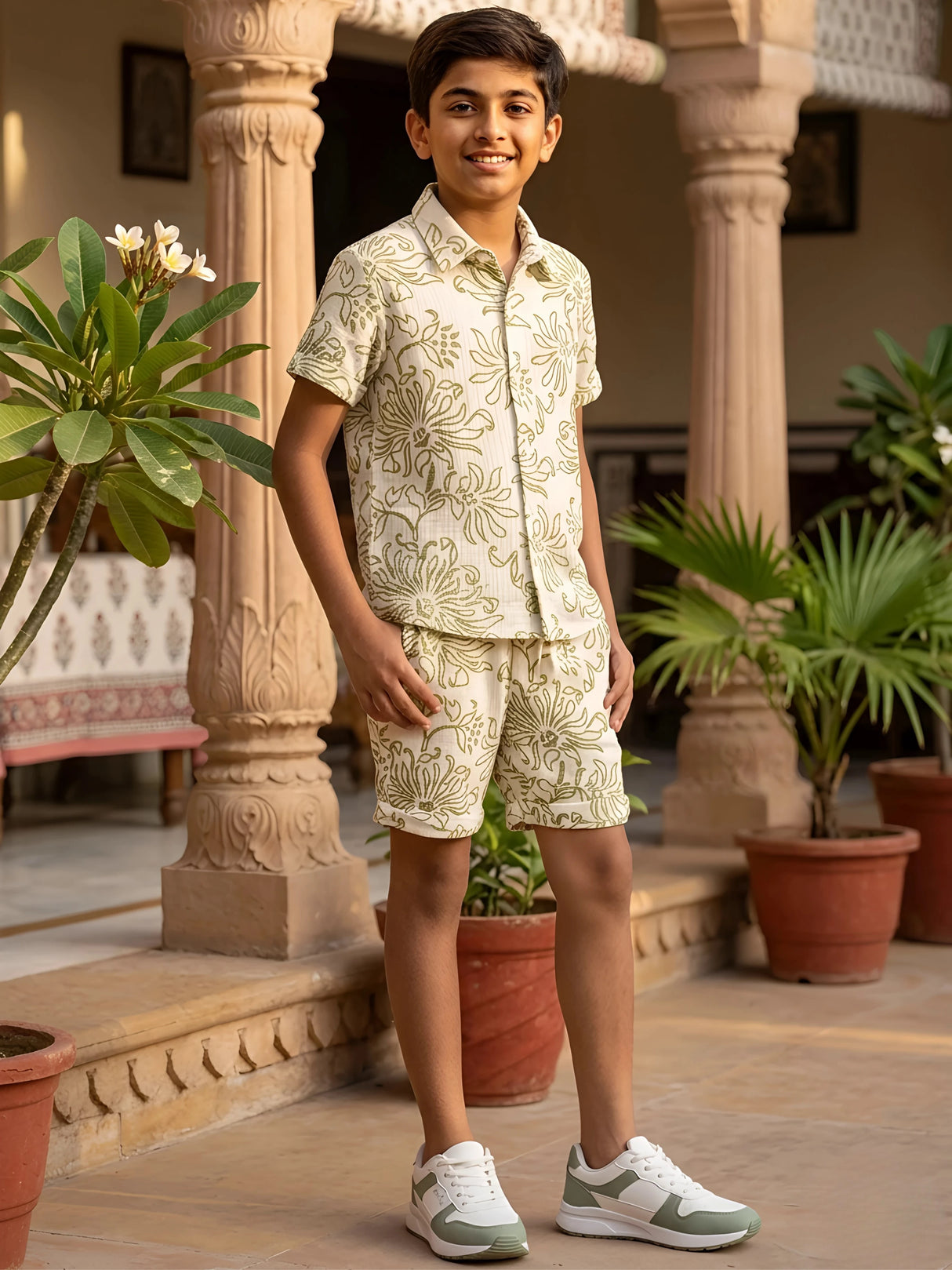Boys Cream Floral Print Cotton Co-ord Set