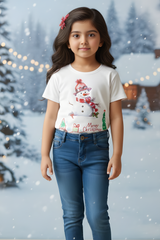 Girls' Merry Christmas Snowman Print White Cotton T-Shirt