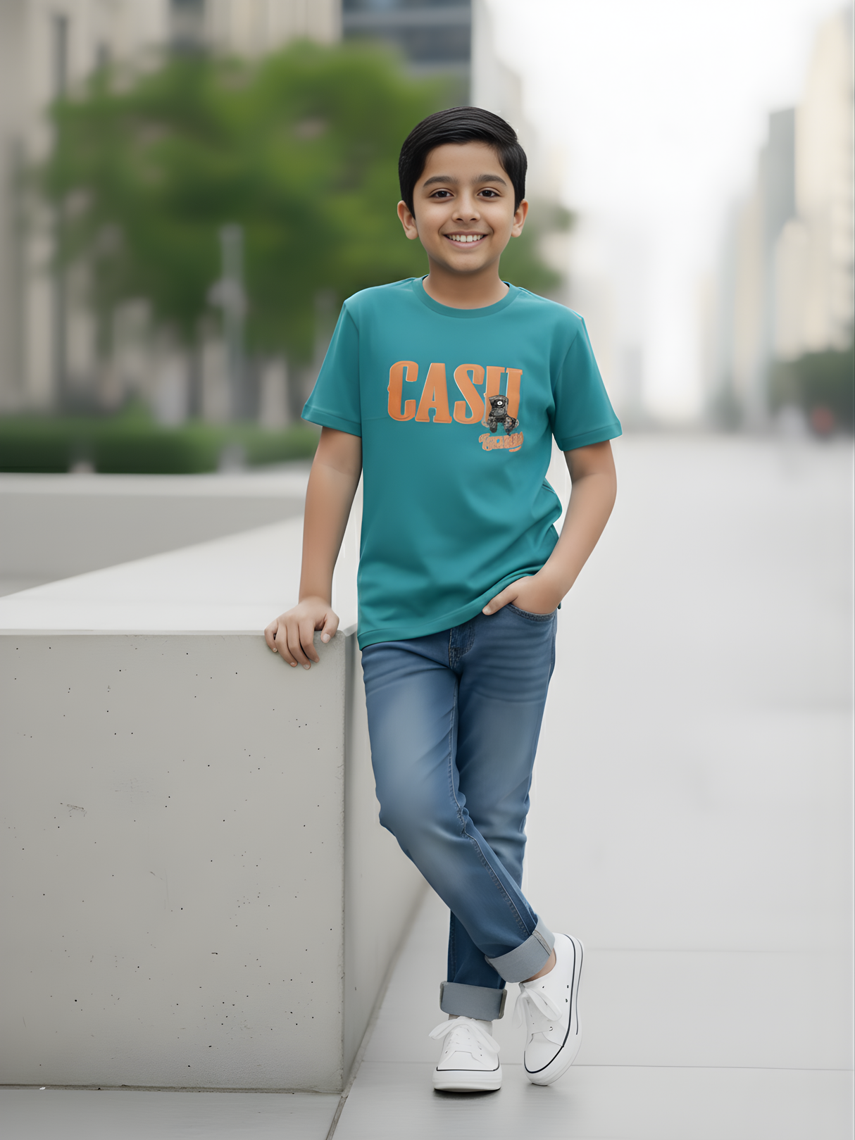 Boys' Teal Green "CASH" Streetwear Graphic T-Shirt