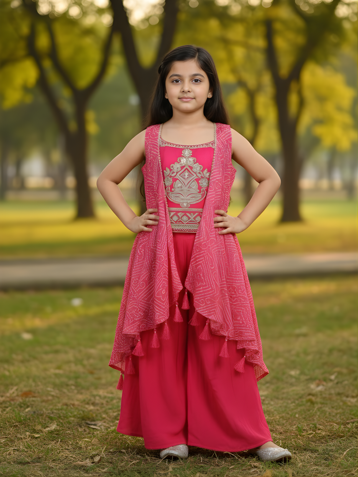 Girls Rani Pink Embroidered Kurta & Sharara Set with Bandhani Shrug