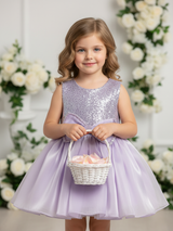 Girls' Lavender Sequin Bodice Party Frock with Oversized Satin Bow.