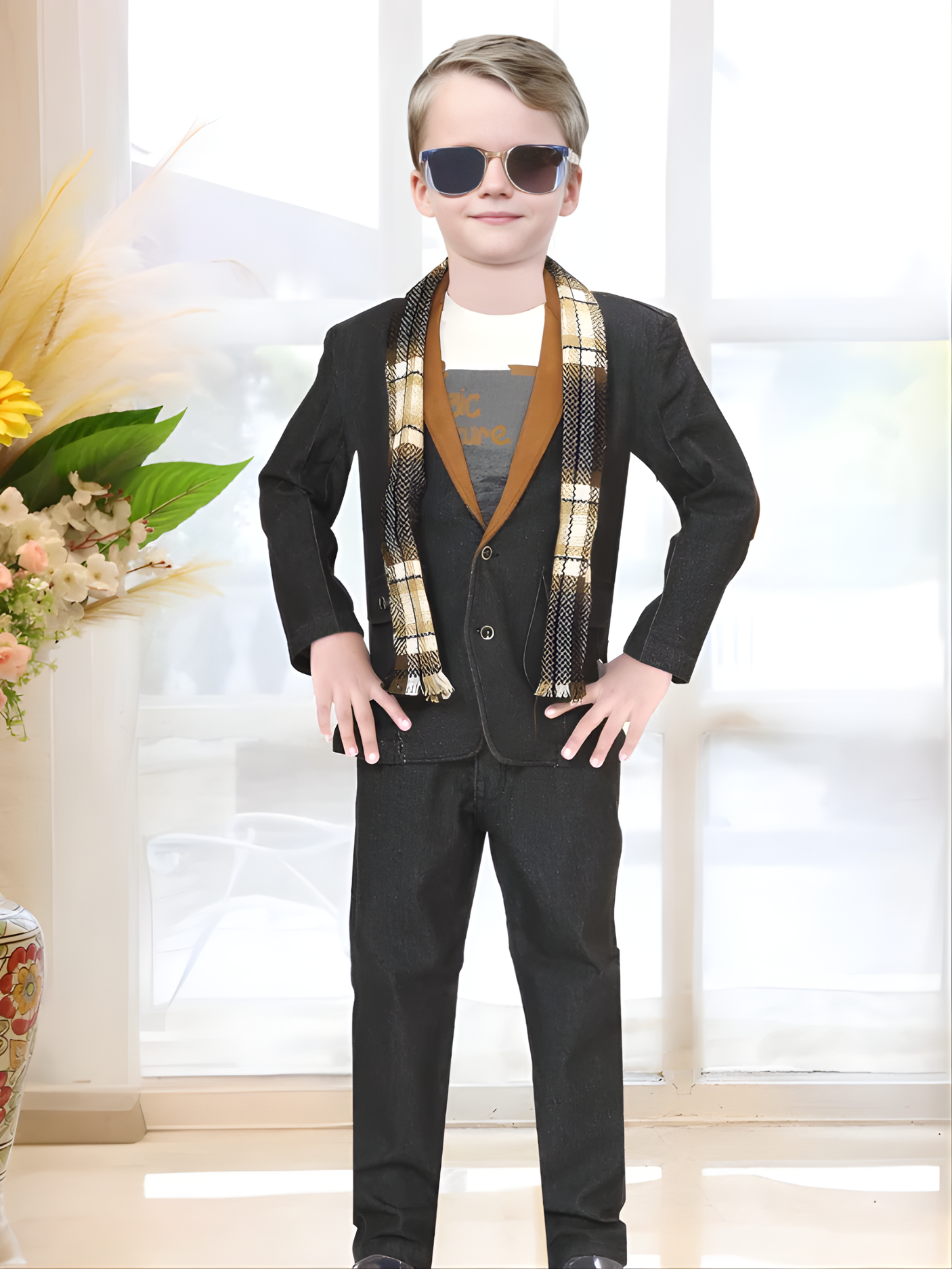 Boys' Dark Wash Denim Suit Set with Contrast Scarf and T-Shirt