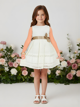 Elegant Beige & Gold Embroidered A-Line Girls' Party Dress