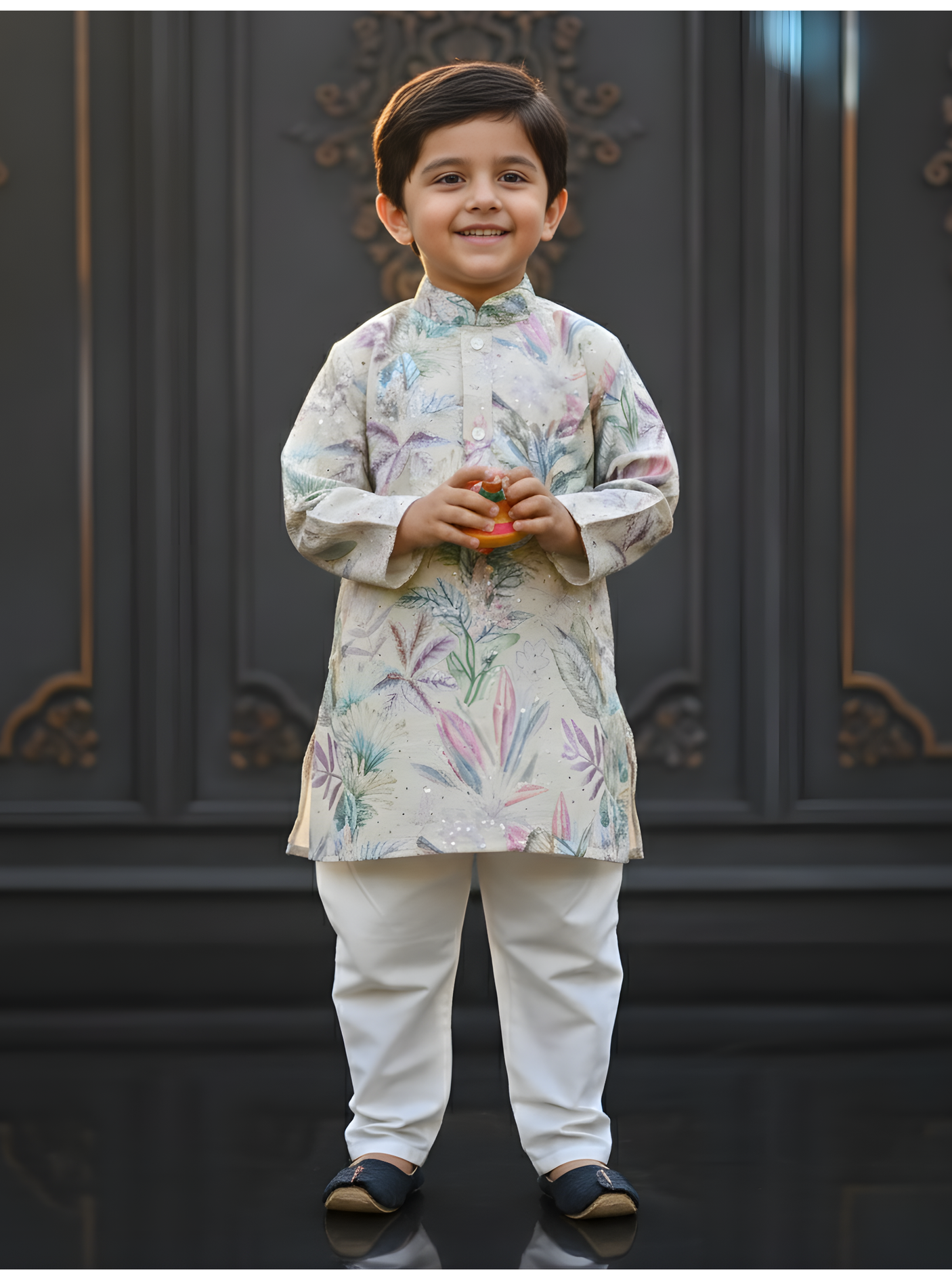 Boys Cream Pastel Floral Printed Kurta Set