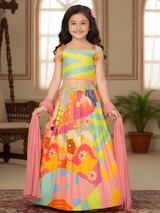 Girls' Bright Yellow Bandhani Print Lehenga Choli Set