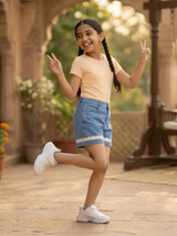 Girls Casual Blue Denim Shorts with Embroidered Hem