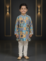 Boys Mustard Yellow Mughal Heritage Print Kurta Set.
