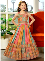 Girls' Teal & Pink Large Floral Printed Lehenga Choli