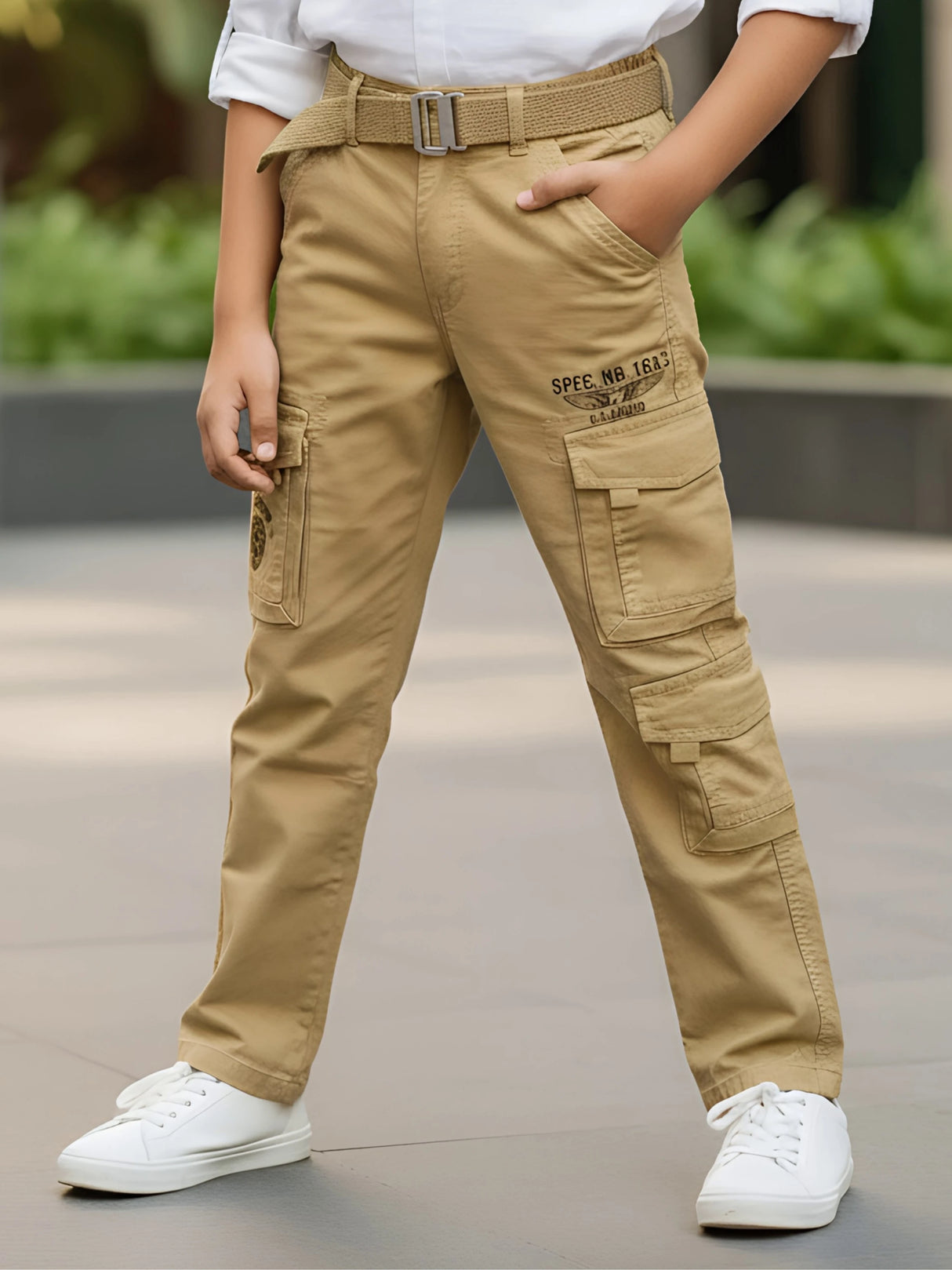 Boys' Khaki Multi-Pocket Cotton Cargo Pants with Webbing Belt
