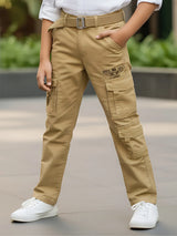 Boys' Khaki Multi-Pocket Cotton Cargo Pants with Webbing Belt