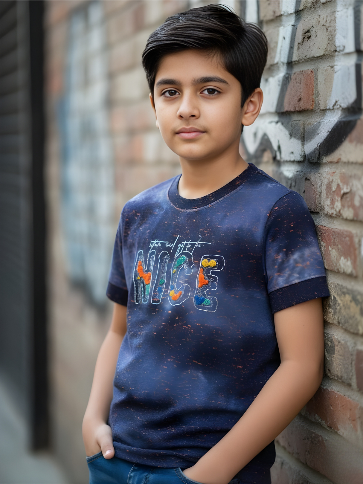Boys' Tie-Dye Blue T-Shirt with Embroidered 'NICE' Slogan