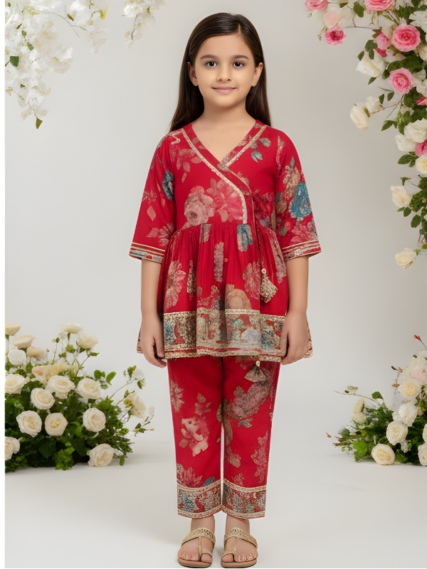 Girls' Vibrant Red Floral Print Angrakha Kurti, Trouser & Dupatta Set