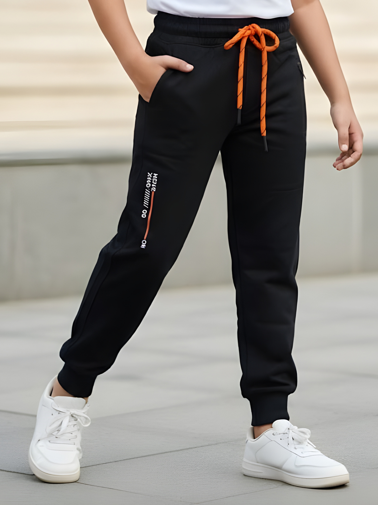 Boys' Black Cotton Blend Joggers with Contrast Orange Drawstring