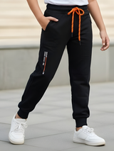 Boys' Black Cotton Blend Joggers with Contrast Orange Drawstring