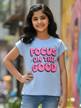 Girls' Casual Pastel Blue Graphic Print Top - "Focus On The Good"